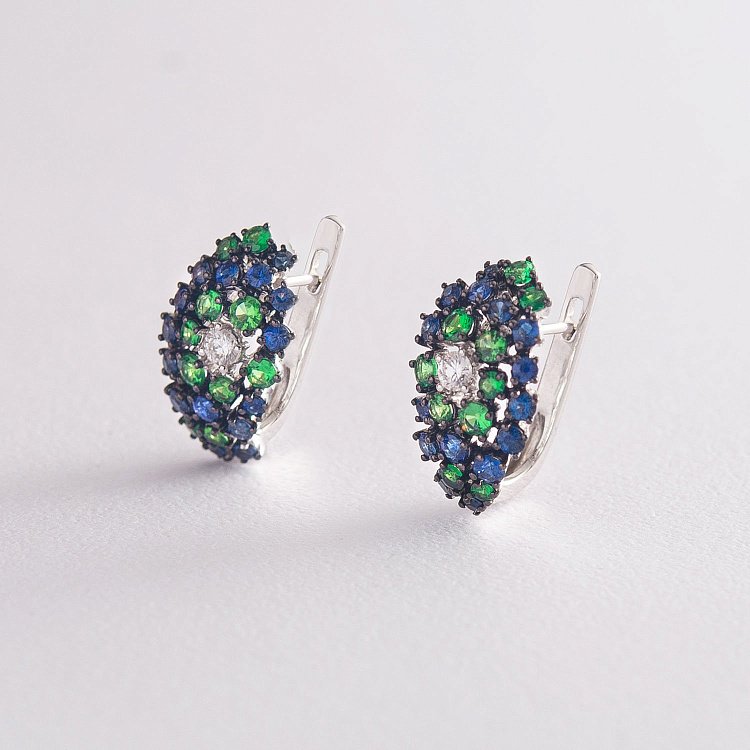 Золотые серьги с сапфирами, бриллиантами, демантоидами сб0070gm от ювелирного магазина Оникс