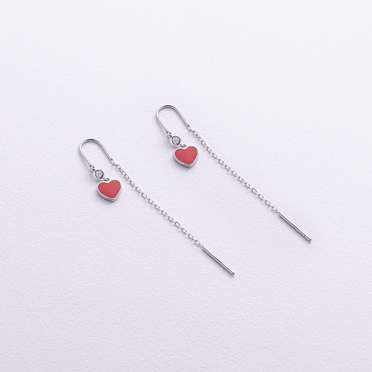 Срібні сережки - протяжки "Сердечки" (емаль, фіаніти) 123443 від ювелірного магазину Онікс