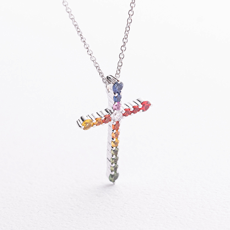 Золоте кольє "Хрестик" з діамантом і сапфірами колб0199lg від ювелірного магазину Онікс - 1