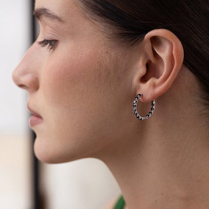 Серебряные серьги - кольца с черными фианитами 087610 №5