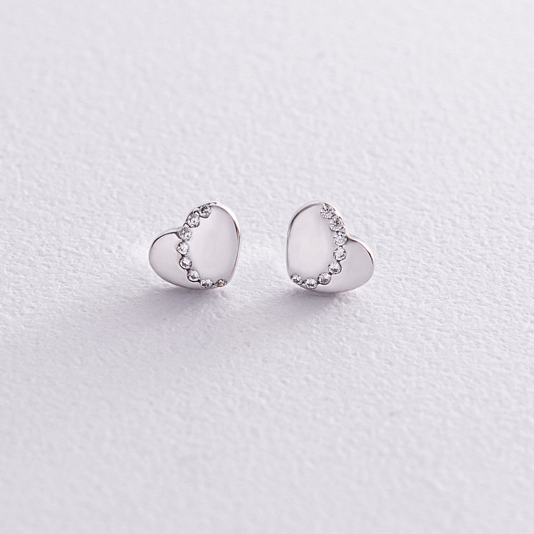 Сережки - пусети "Сердечки" з фіанітами (біле золото) с08207 від ювелірного магазину Онікс