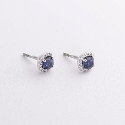 Серебряные серьги - пусеты с сапфирами и фианитами 2498/1p-HSPH