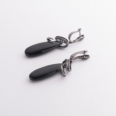 Золотые серьги "Змеи" (оникс, бриллиант) сб0249sth №2