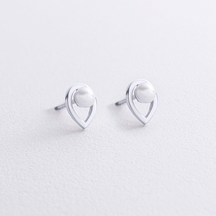 Сережки - пусети "Крапельки" з перлами (біле золото) с09055 від ювелірного магазину Онікс