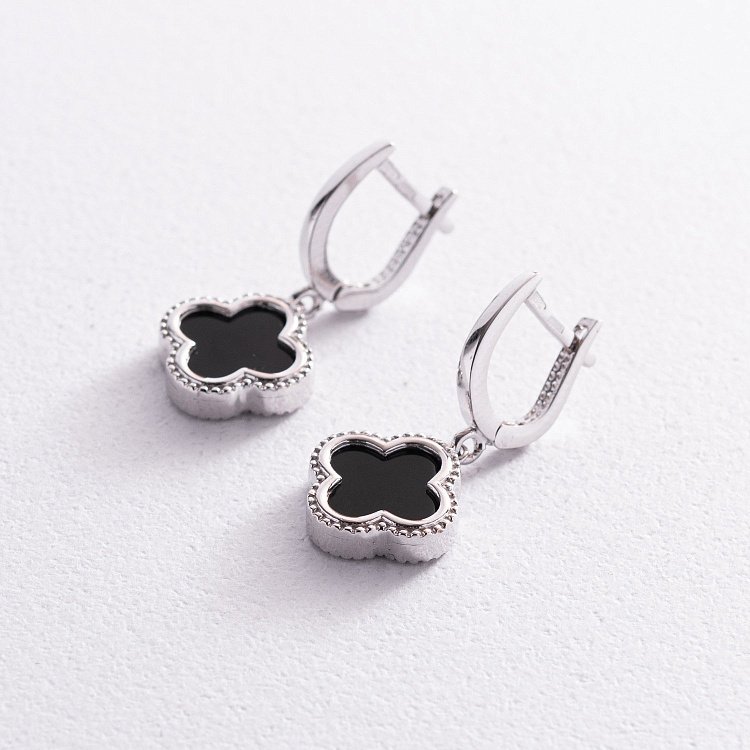 Серьги "Клевер" в белом золоте (оникс) с07665 от ювелирного магазина Оникс - 2