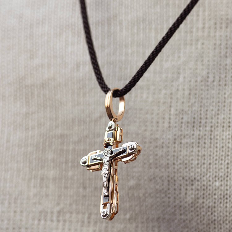 Православний хрест "Розп'яття. Спаси та Збережи" (емаль, фіаніти) 270070Е від ювелірного магазину Онікс - 2