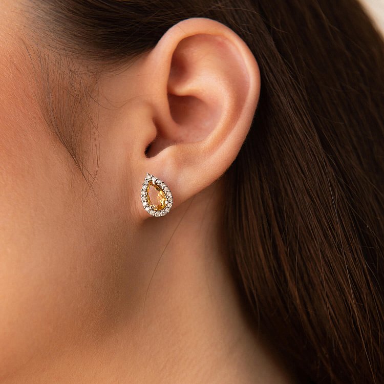 Срібні сережки - пусети "Крапельки" з цитрином і фіанітами GS-02-011-5410 від ювелірного магазину Онікс - 3