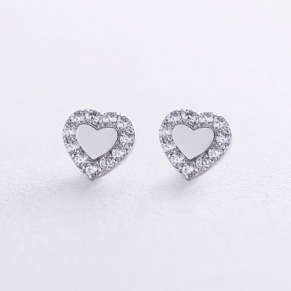 Сережки - пусети "Сердечки" з фіанітами (біле золото) с08111