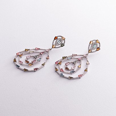 Срібні сережки "Сальма" з різнокольоровими фіанітами і турмаліном 539 №3