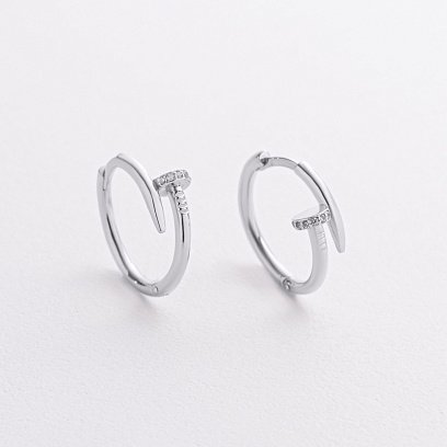 Серьги - кольца "Гвоздь" в белом золоте (фианиты) с09330