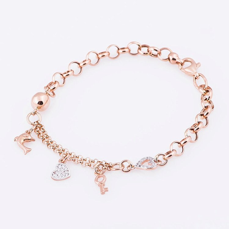 Женский золотой браслет с дельфинчиком, сердечком и ключиком б02803 от ювелирного магазина Оникс