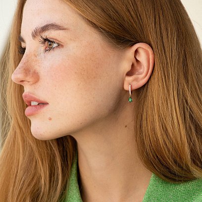 Золотые серьги - кольца "Капельки" (изумруды, бриллианты) сб0515sm №2