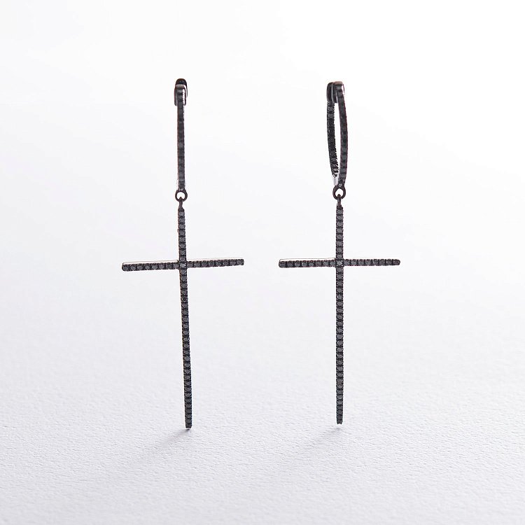 Золоті сережки "Хрести" з чорними діамантами сб0202ch від ювелірного магазину Онікс