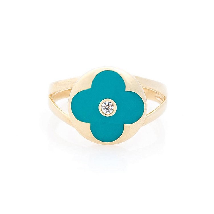 Золотое кольцо "Клевер" с эмалью и фианитом к05610 от ювелирного магазина Оникс - 2