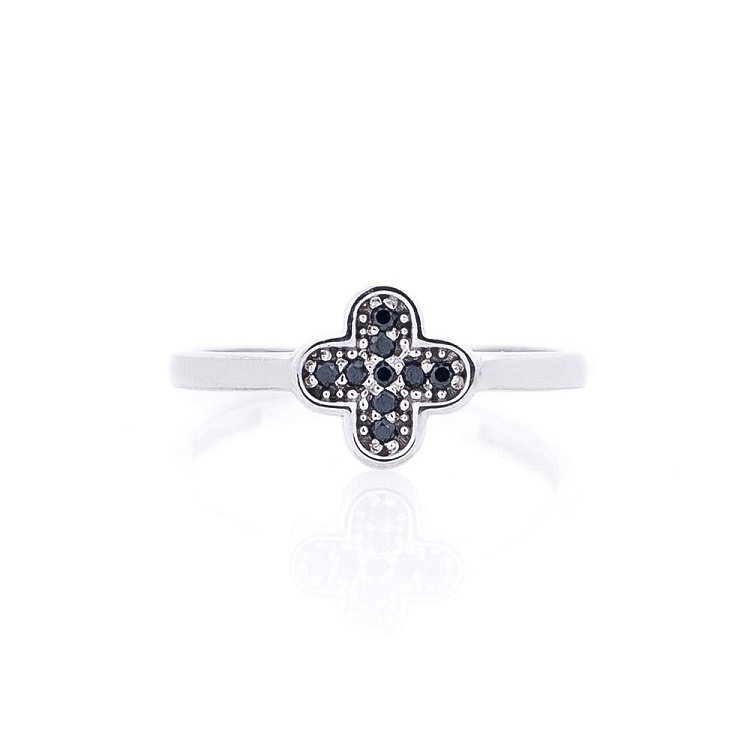 Золота каблучка "Конюшина" (чорні фіаніти) к05161 - 2 Золота каблучка "Конюшина" (чорні фіаніти) к05161 від ювелірного магазину Онікс - 2