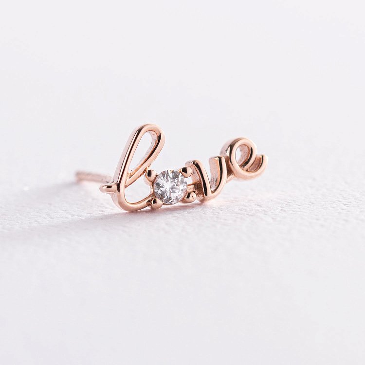 Золота моносережка "Love" з фіанітом с07479 від ювелірного магазину Онікс