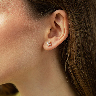 Серьги - пусеты "Цветочки" в желтом золоте (бриллианты) сб0705sm №4