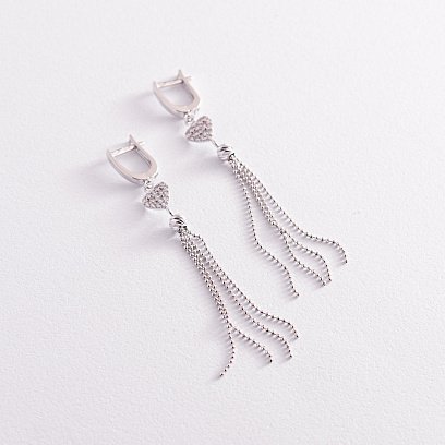 Золоті сережки "Сердечки" з ланцюжками (фіаніти) с07820