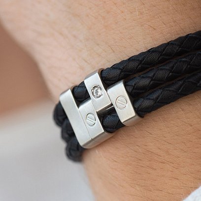 Чоловічий срібний браслет з фіанітами (шкіра) 368 №5