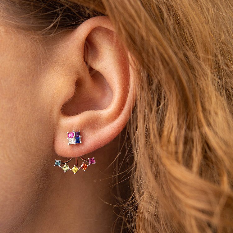 Золотые серьги - джекеты 2 в 1 (разноцветные сапфиры, бриллианты) сб0454nl от ювелирного магазина Оникс - 2