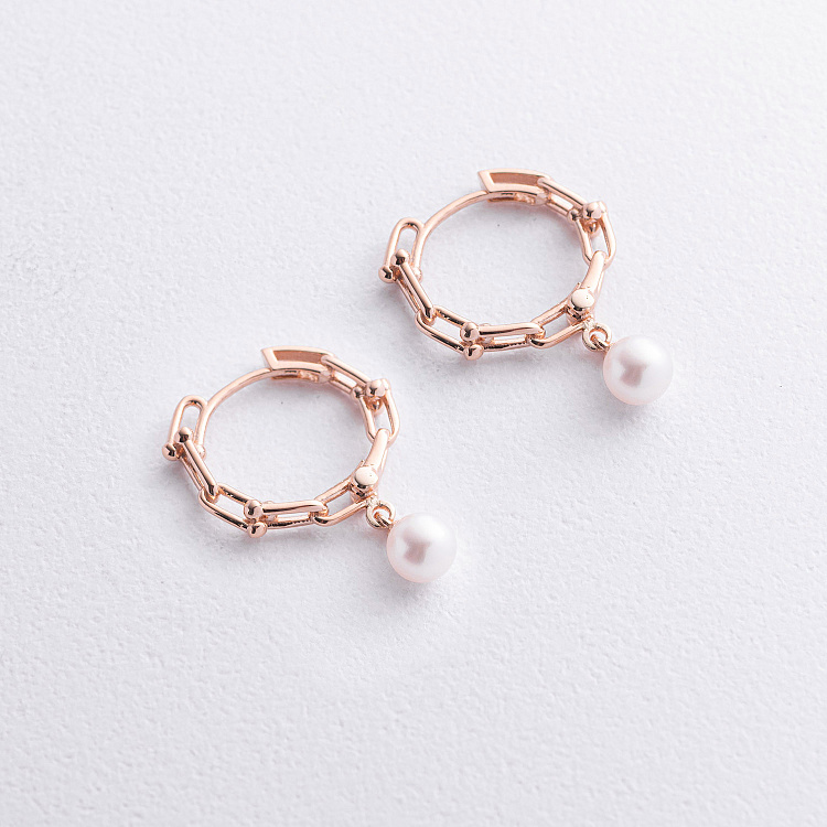 Серьги - кольца "Фантазия" с жемчугом (красное золото) mini с09627 от ювелирного магазина Оникс - 1