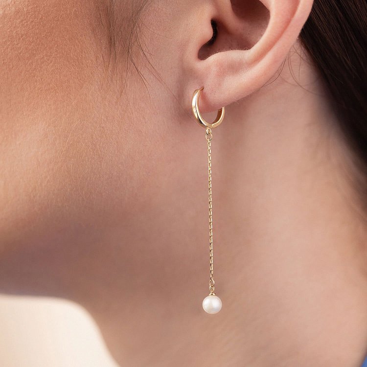 Сережки - кільця "Перлина на ланцюжку" у жовтому золоті с08356 від ювелірного магазину Онікс - 4