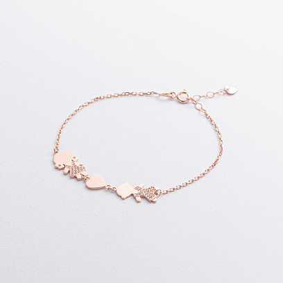 Браслет "Дівчинка, хлопчик і сердечко" у червоному золоті (фіаніти) б05664