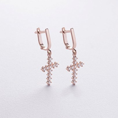 Золотые сережки "Крестики" с фианитами с02439