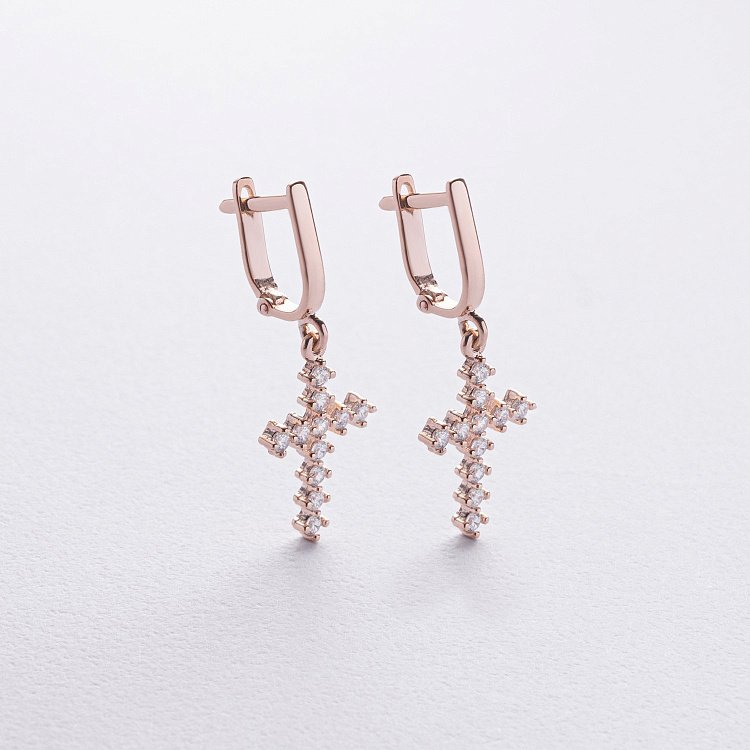 Золотые сережки "Крестики" с фианитами с02439 от ювелирного магазина Оникс
