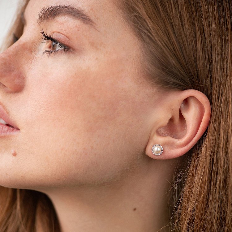 Золотые серьги - пусеты "Linea" (жемчуг, фианиты) с08915 от ювелирного магазина Оникс - 4