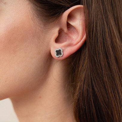 Серебряные серьги - пусеты "Клевер" (эмаль, фианиты) 065210 №4