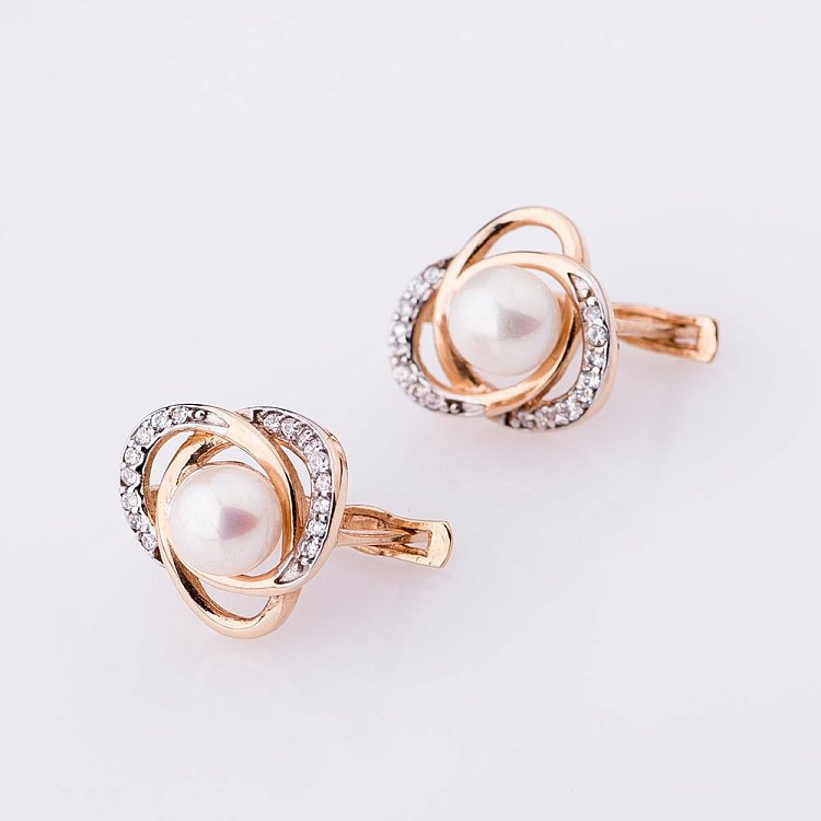 Золотые серьги (культ. пресн. жемчуг,фианиты) с02402 от ювелирного магазина Оникс - 2