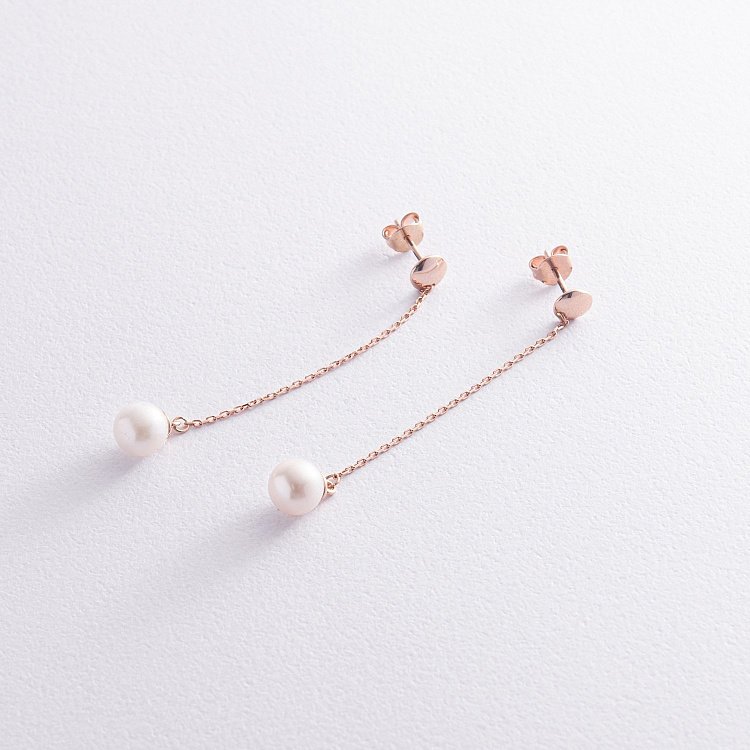 Сережки - пусети "Перлина на ланцюжку" у червоному золоті с08315 від ювелірного магазину Онікс - 3