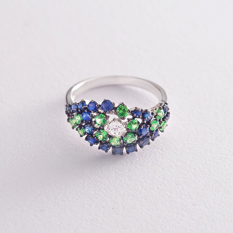 Золота каблучка з сапфірами, діамантом і уваровітами MR17583gm від ювелірного магазину Онікс