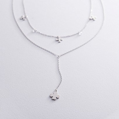 Подвійне срібне кольє "Конюшина" з фіанітами 18936