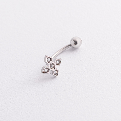 Серебряный пирсинг в пупок "Клевер" (фианиты) 26019