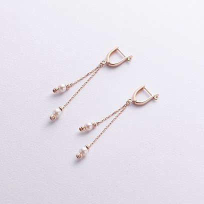 Золотые серьги с жемчугом на цепочке с07717 №2