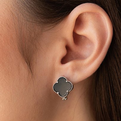 Серебряные серьги "Клевер" с ониксом 122112 №4