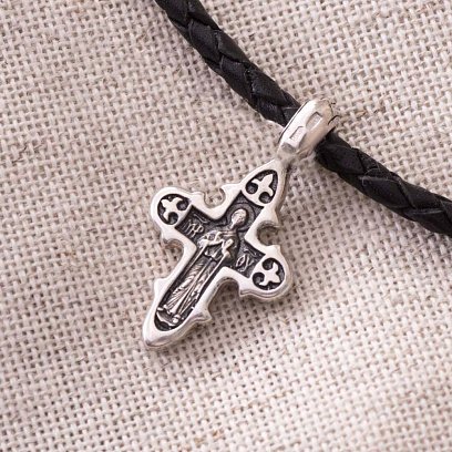 Серебряный крестик  "Распятие Христово. Икона Божией Матери" (чернение) 131726 №7