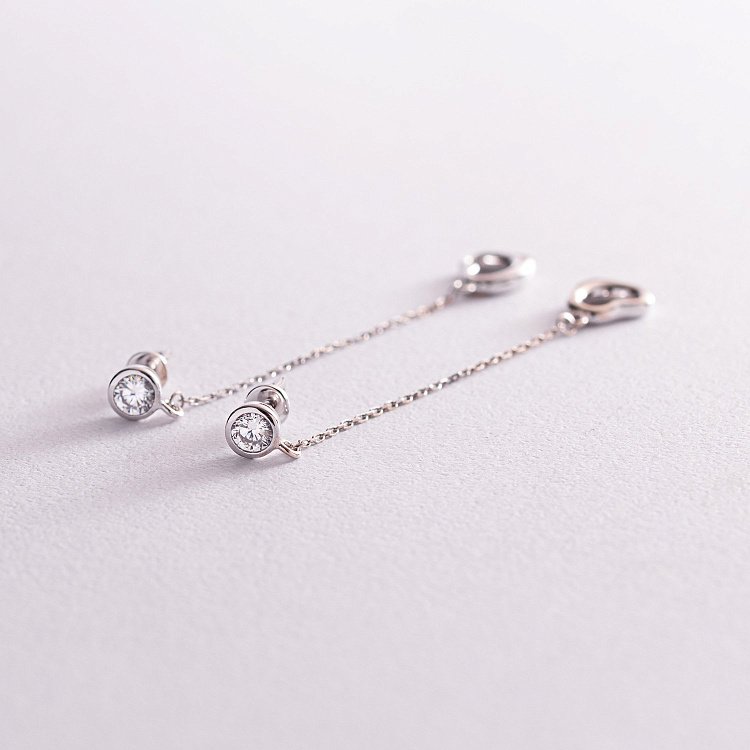 Золотые серьги "Сердечки" на цепочке (фианиты) с07705 от ювелирного магазина Оникс - 4