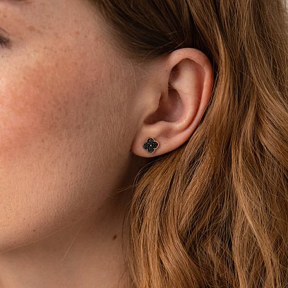 Золоті сережки - пусети "Конюшина" (чорні фіаніти) с07888 №2