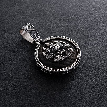 Срібний кулон "Ведмідь" з ебеновим деревом та фіанітами  947 №19