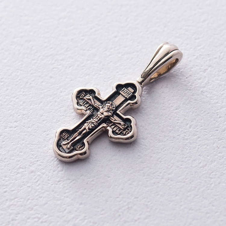 Золотий хрестик "Розп'яття Христове. Покров Пресвятої Богородиці" (чорніння) п03206 від ювелірного магазину Онікс