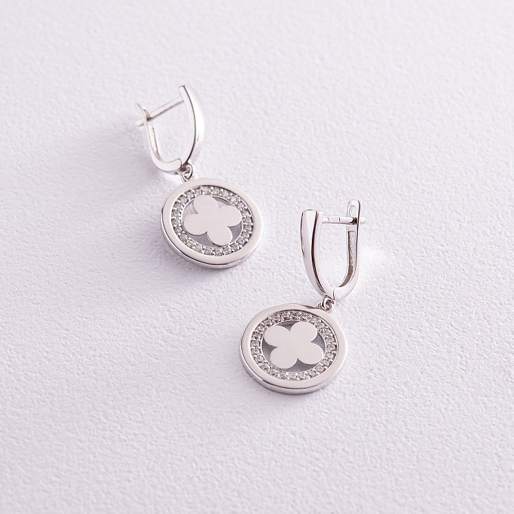 Серьги "Клевер" в белом золоте (белые фианиты) с07688 от ювелирного магазина Оникс - 2