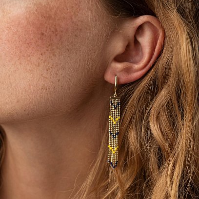 Патріотичні сережки з ланцюжками у жовтому золоті (синя та жовта емаль) с08052 №4