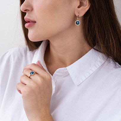 Золотые серьги с белыми и синими фианитами с07457 №2