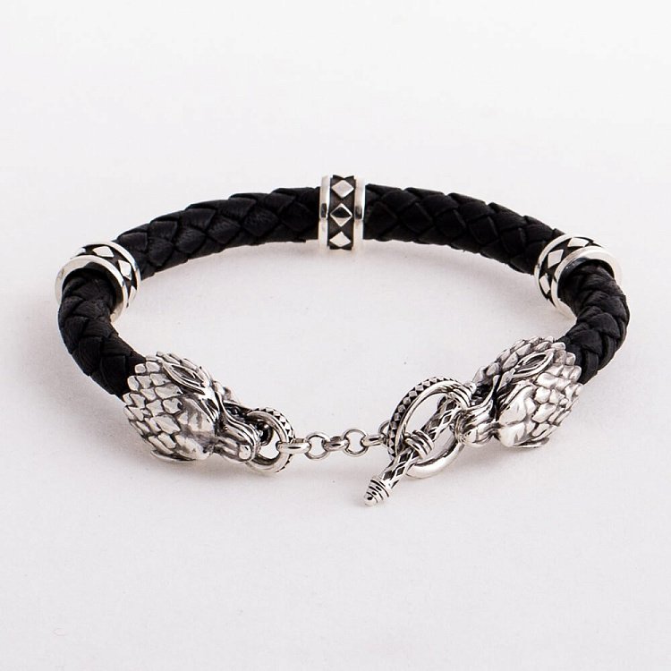 Шкіряний браслет "Wolf" з срібними вставками t21 від ювелірного магазину Онікс