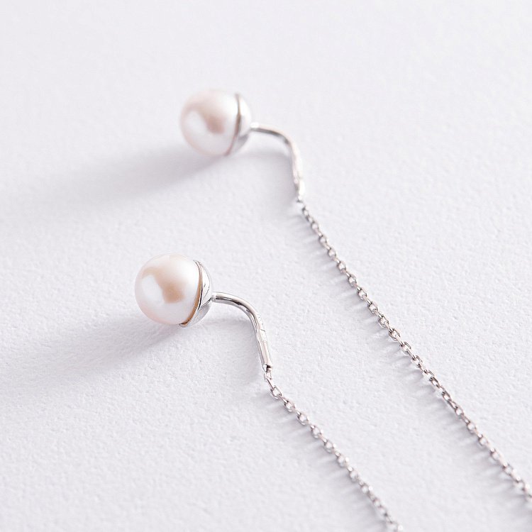 Золоті сережки - протяжки з перлами с07702 від ювелірного магазину Онікс - 2