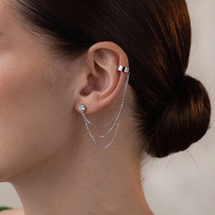 Сережка - каффа "Трініті" в білому золоті з ланцюжками (фіаніт) с08020 від ювелірного магазину Онікс - 2