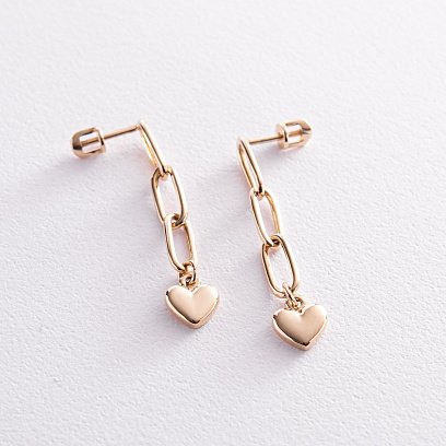 Золоті сережки - пусети "Сердечки на ланцюжку" с07862